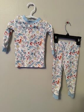 Classic Whimsy White Birthday Party Print Pajama Set with Light Blue Trim